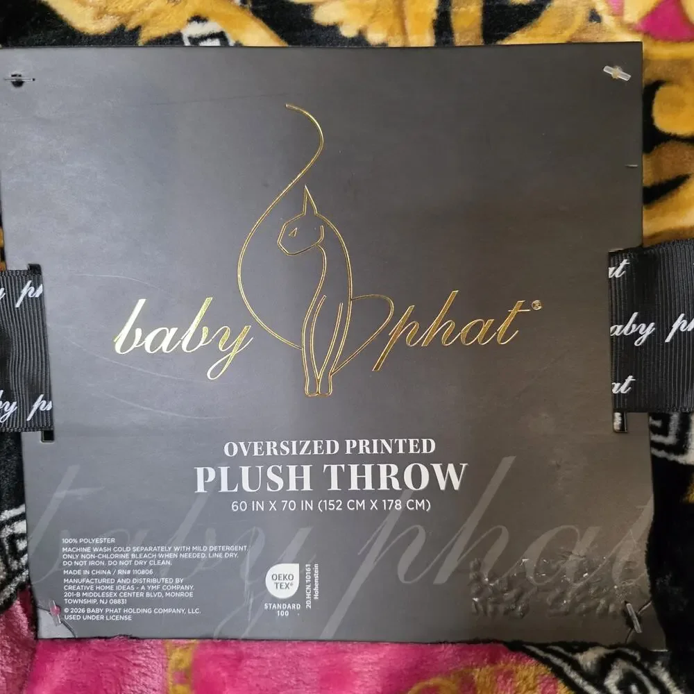 Baby Phat Black Gold Pink Baroque Chain Medal Print Throw Blanket 60x70 Y2K NEW